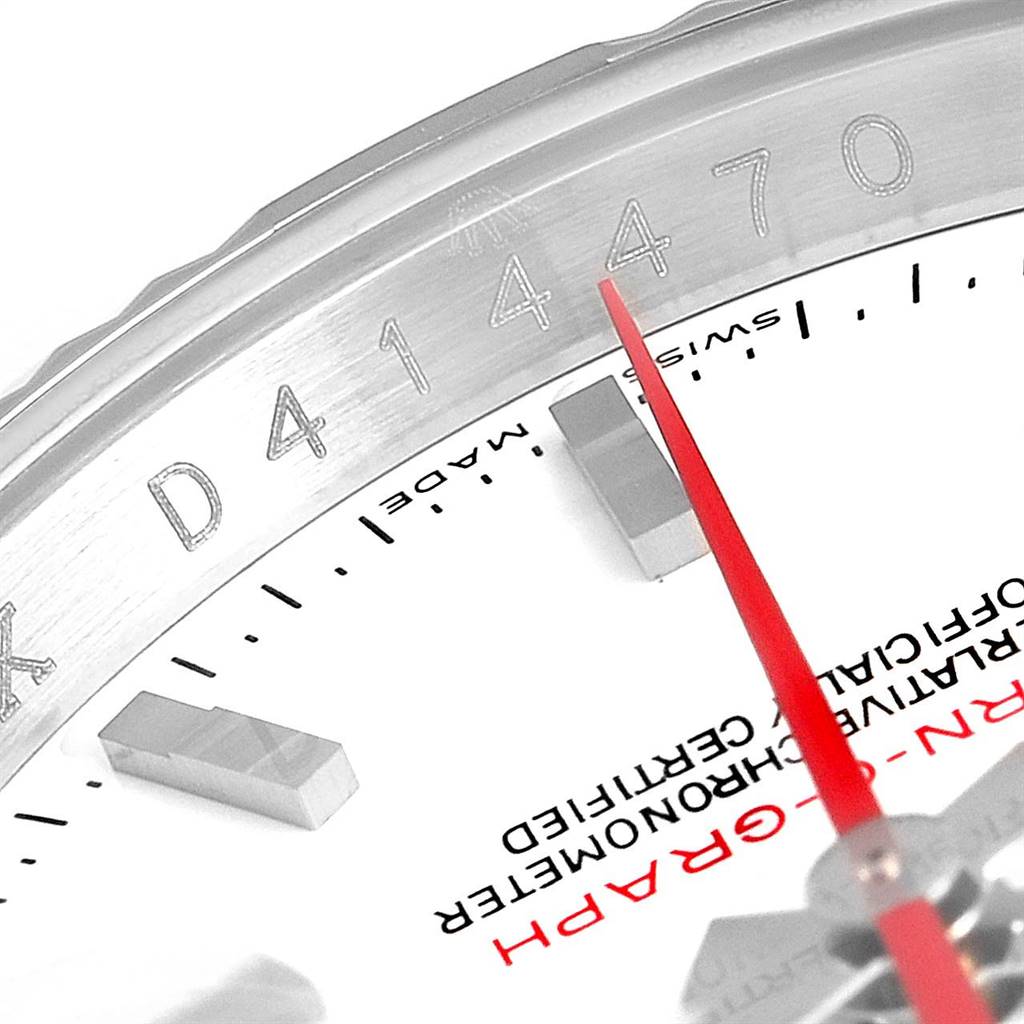 This image shows a close-up of the bezel, face, and second hand of the Rolex Turn-o-Graph 116264 Men
s Stainless Steel White Dial 116264 Men
s Stainless Steel White Dial watch, emphasizing the serial number.