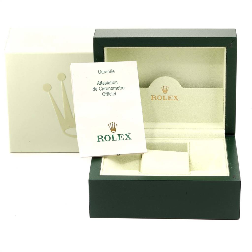 The image shows a Rolex Turn-o-Graph 116264 Men
s Stainless Steel White Dial 116264 Men
s Stainless Steel White Dial watch box with a guarantee certificate, viewed from the front.