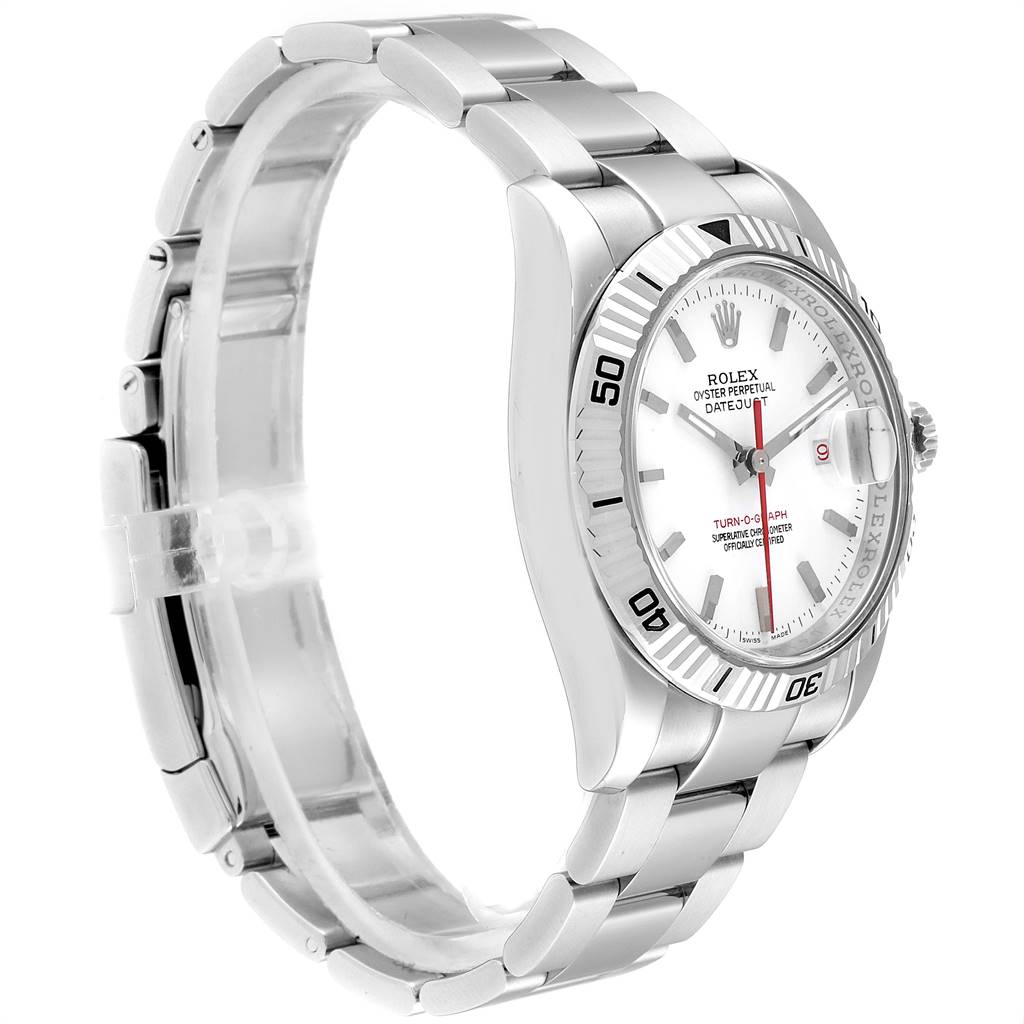 This is a side angle view of the Rolex Turn-o-Graph 116264 Men
s Stainless Steel White Dial 116264 Men
s Stainless Steel White Dial watch, showing the bracelet, case, bezel, crown, and dial.