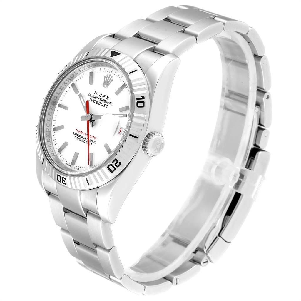 The image shows a Rolex Turn-o-Graph 116264 Men
s Stainless Steel White Dial 116264 Men
s Stainless Steel White Dial watch at a side angle, highlighting the face, bezel, crown, and metal bracelet.