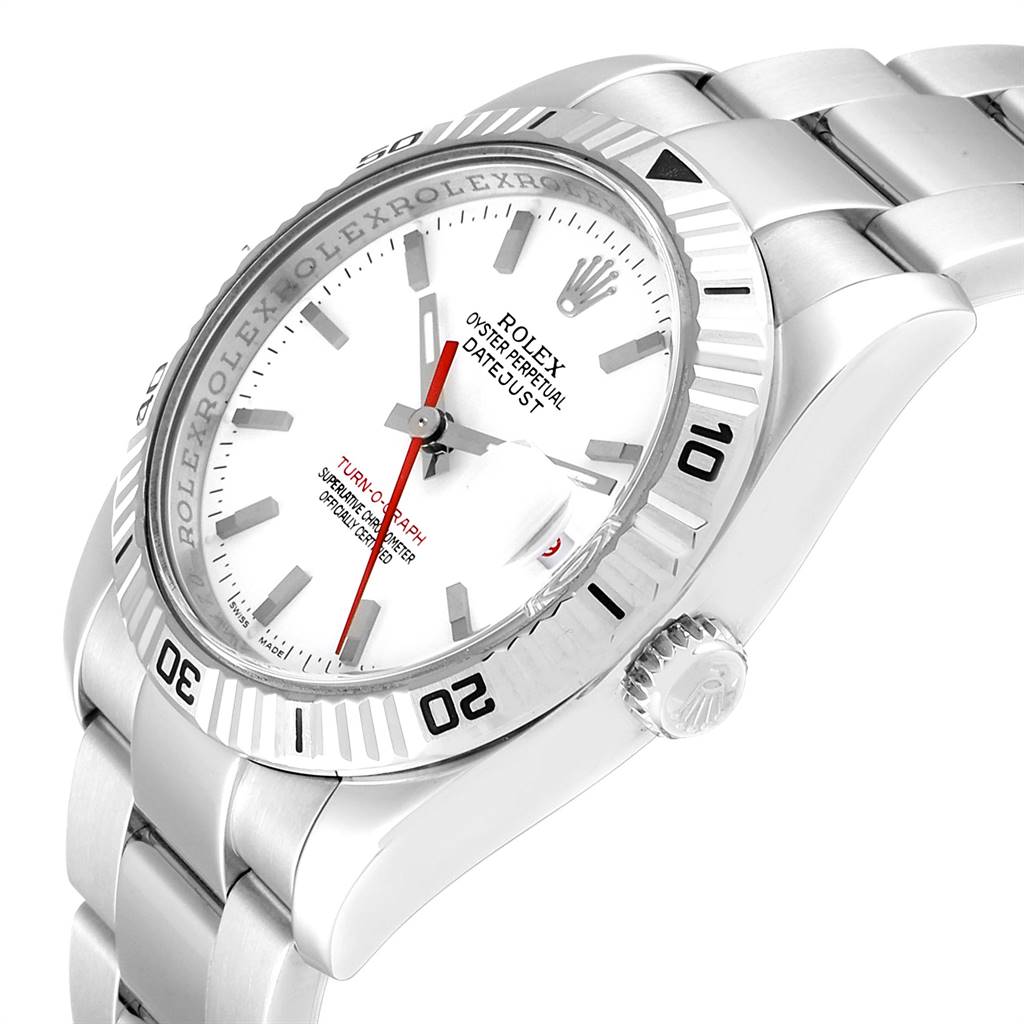 The image shows a close-up, angled view of the Rolex Turn-o-Graph 116264 Men
s Stainless Steel White Dial 116264 Men
s Stainless Steel White Dial watch, highlighting its dial, bezel, and bracelet.