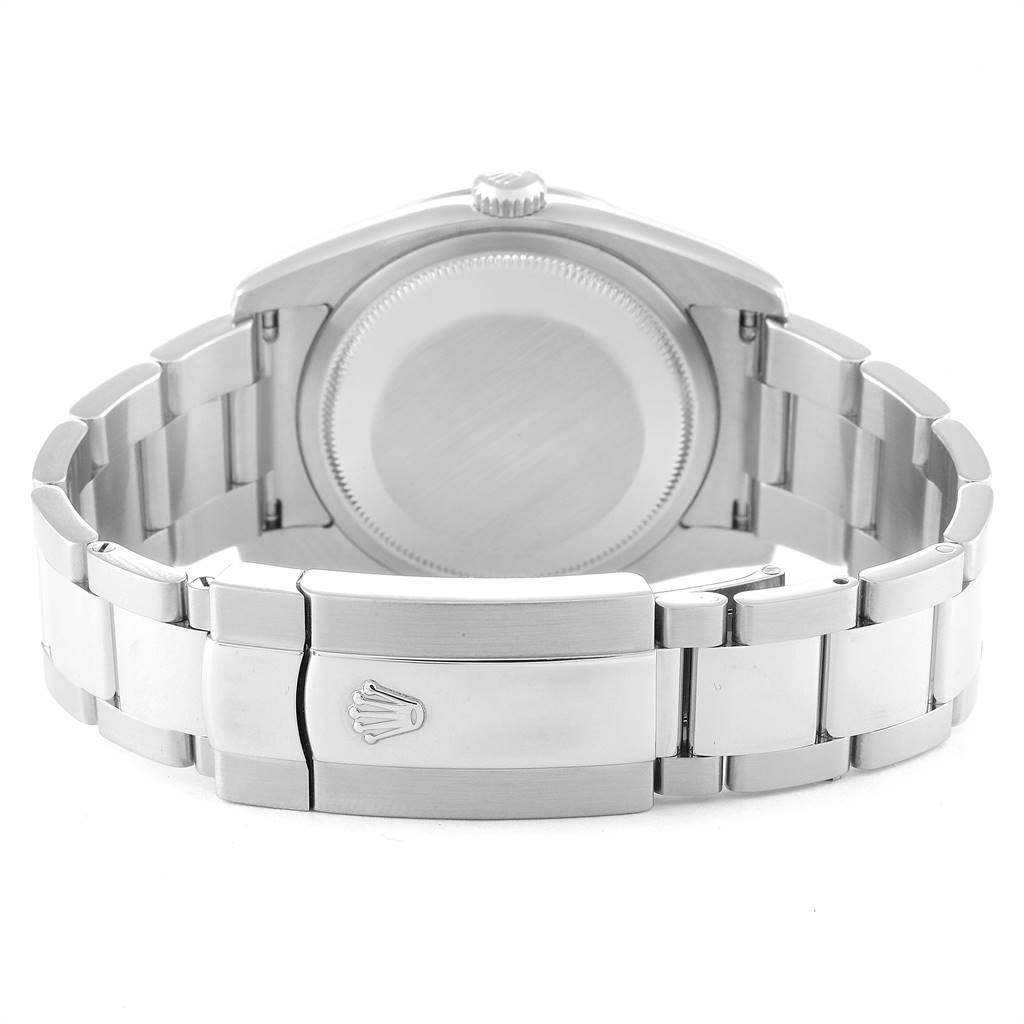This image shows the back view of a Rolex Turn-o-Graph 116264 Men
s Stainless Steel White Dial 116264 Men
s Stainless Steel White Dial watch, focusing on the case back and metal bracelet.