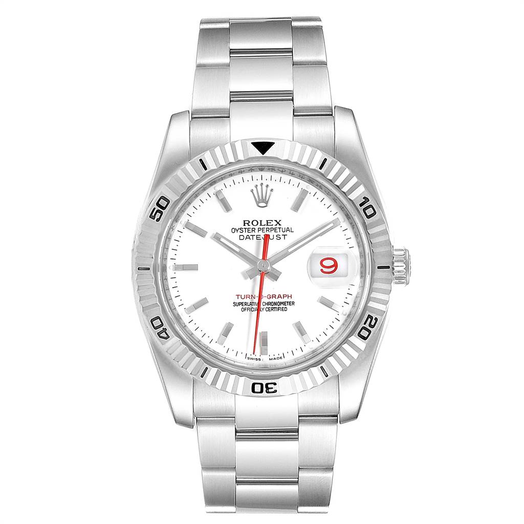 This image displays the Rolex Turn-o-Graph 116264 Men
s Stainless Steel White Dial 116264 Men
s Stainless Steel White Dial watch from a top-down angle, showing its face, bezel, crown, and bracelet.