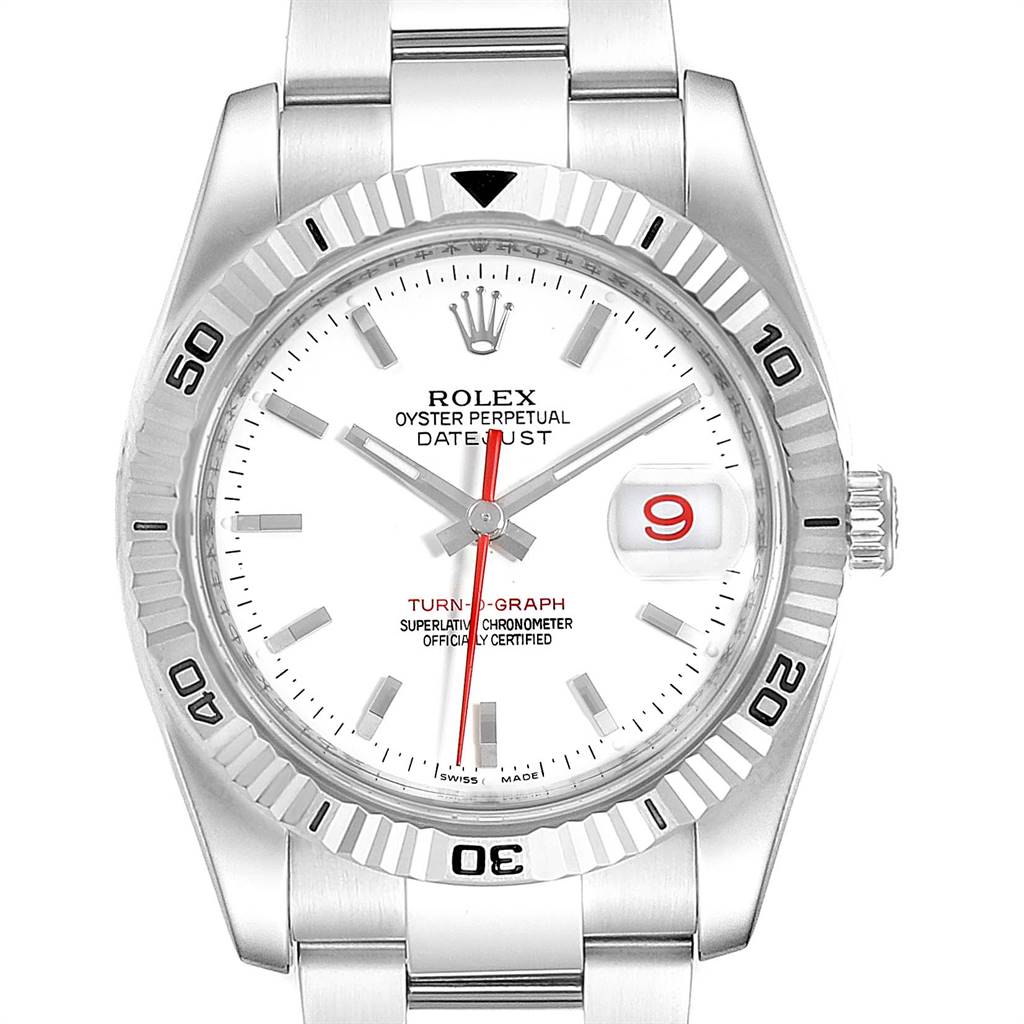 This image shows a frontal view of the Rolex Turn-o-Graph 116264 Men
s Stainless Steel White Dial 116264 Men
s Stainless Steel White Dial watch, highlighting its face, bezel, hands, and bracelet.