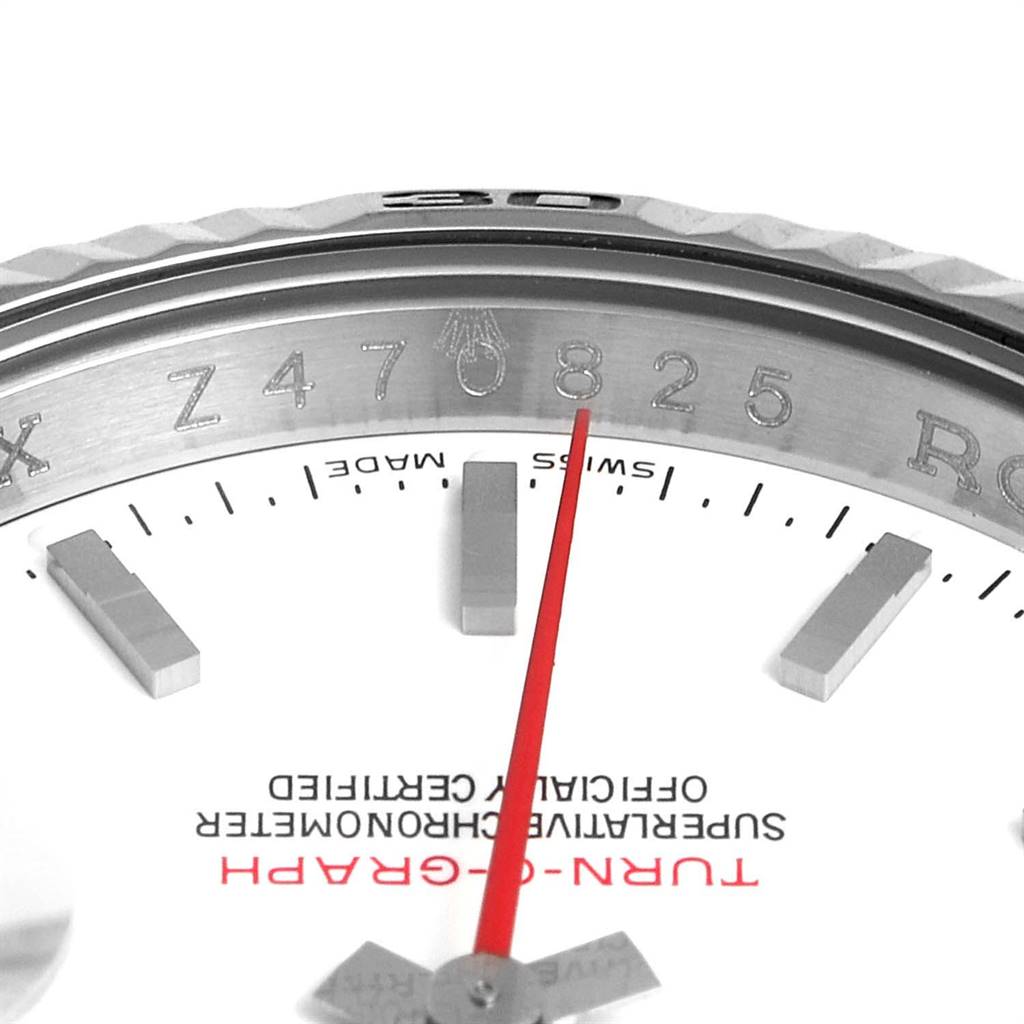 This is a close-up of a Rolex Turn-o-Graph 116264 Men's Stainless Steel White Dial 116264 Men's Stainless Steel White Dial watch showing the dial, bezel, model engraving, and red second hand.