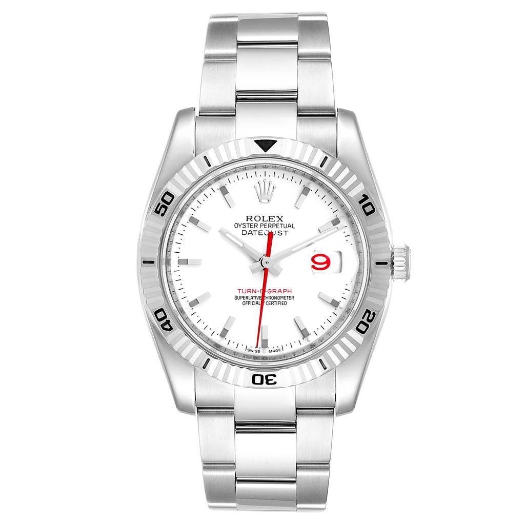 The image shows a front view of a Rolex Turn-o-Graph 116264 Men's Stainless Steel White Dial 116264 Men's Stainless Steel White Dial watch, displaying its dial, bezel, case, and bracelet.