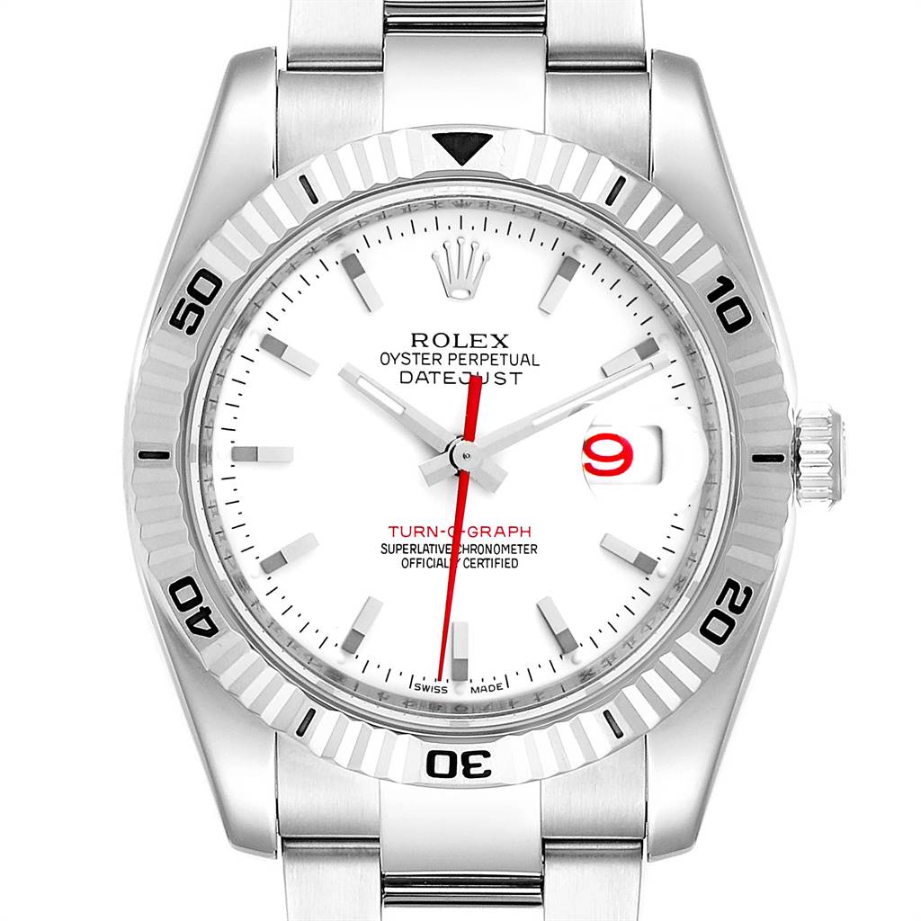 The image shows a front view of a Rolex Turn-o-Graph 116264 Men's Stainless Steel White Dial 116264 Men's Stainless Steel White Dial watch, highlighting the dial, bezel, and a partial view of the bracelet.