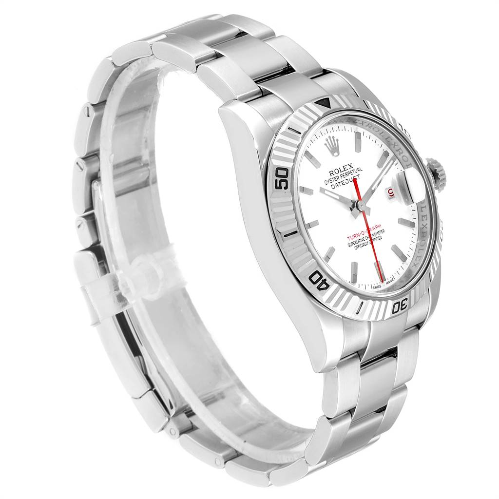 The image shows a side and partial front view of the Rolex Turn-o-Graph 116264 Men's Stainless Steel White Dial 116264 Men's Stainless Steel White Dial watch, highlighting its dial, bezel, and bracelet.