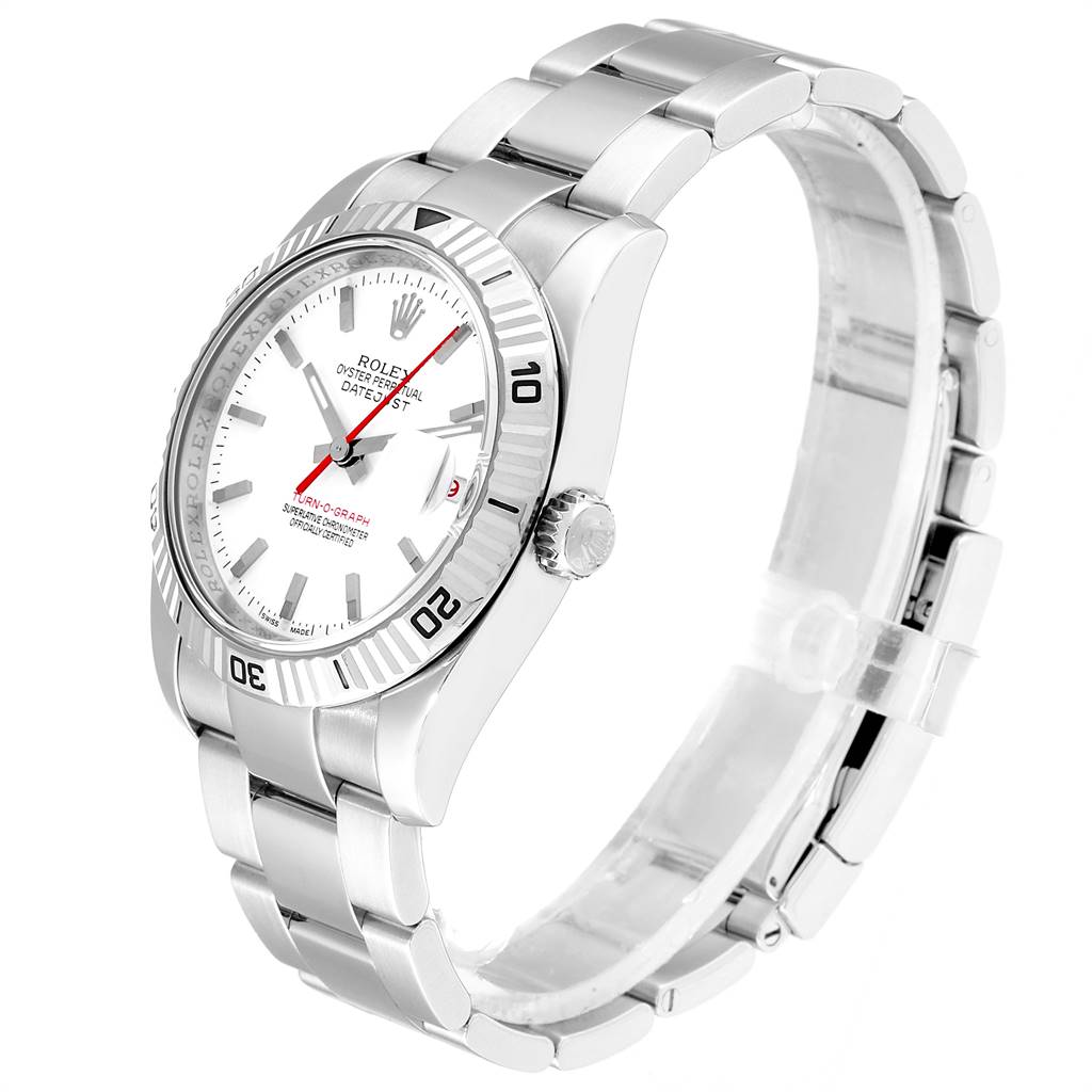 The image shows a side angle of the Rolex Turn-o-Graph 116264 Men's Stainless Steel White Dial 116264 Men's Stainless Steel White Dial watch highlighting the face, bezel, crown, and metal bracelet.