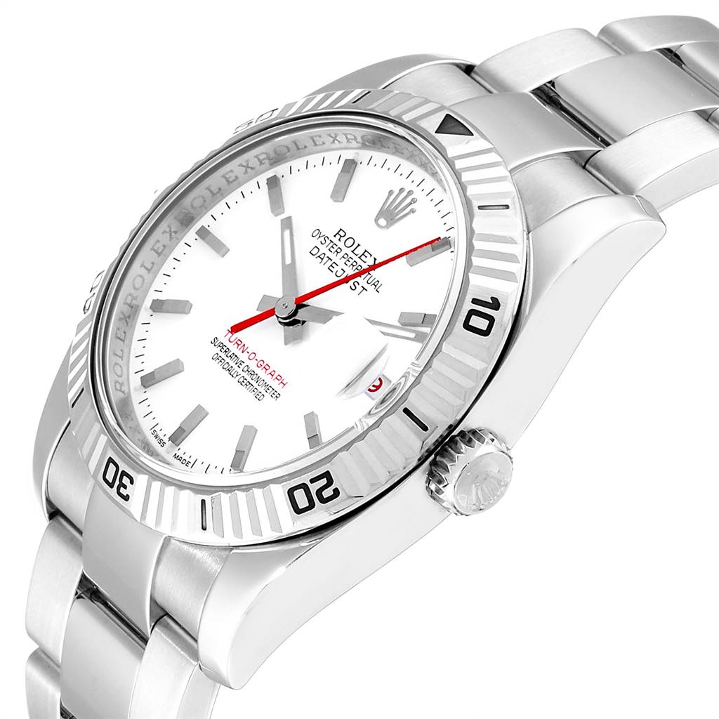 The image shows a side-angle view of the Rolex Turn-o-Graph 116264 Men's Stainless Steel White Dial 116264 Men's Stainless Steel White Dial watch, highlighting the dial, bezel, and bracelet.