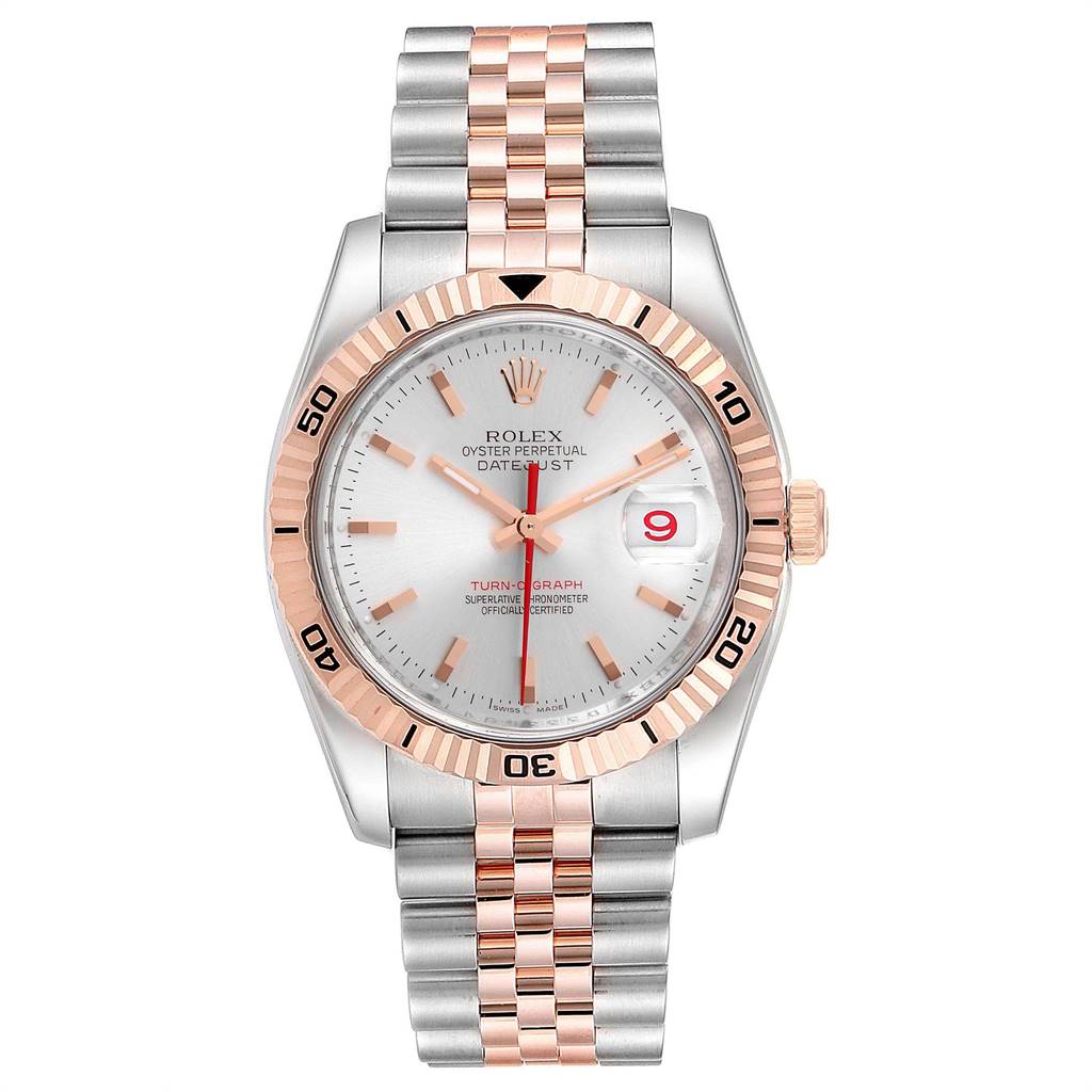 The image shows a Rolex Turn-o-Graph 116261 Men's Stainless Steel Silver Dial 116261 Men's Stainless Steel Silver Dial watch with a silver and rose gold bracelet, viewed from the front angle.