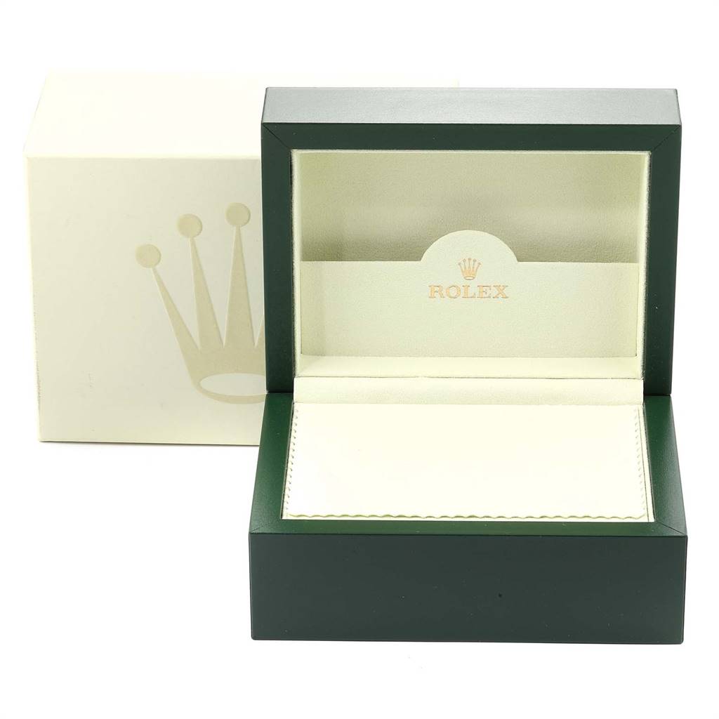 The image shows an open Rolex Turn-o-Graph 116261 Men's Stainless Steel Silver Dial 116261 Men's Stainless Steel Silver Dial watch box from a front angle.