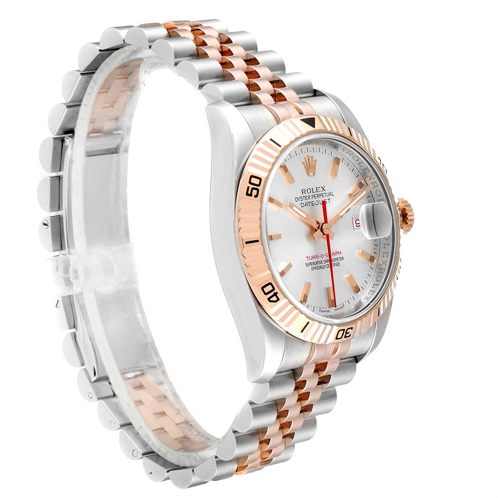 The image shows a Rolex Turn-o-Graph 116261 Men's Stainless Steel Silver Dial 116261 Men's Stainless Steel Silver Dial watch at a slight side angle, highlighting the silver and gold bezel, dial, and strap.