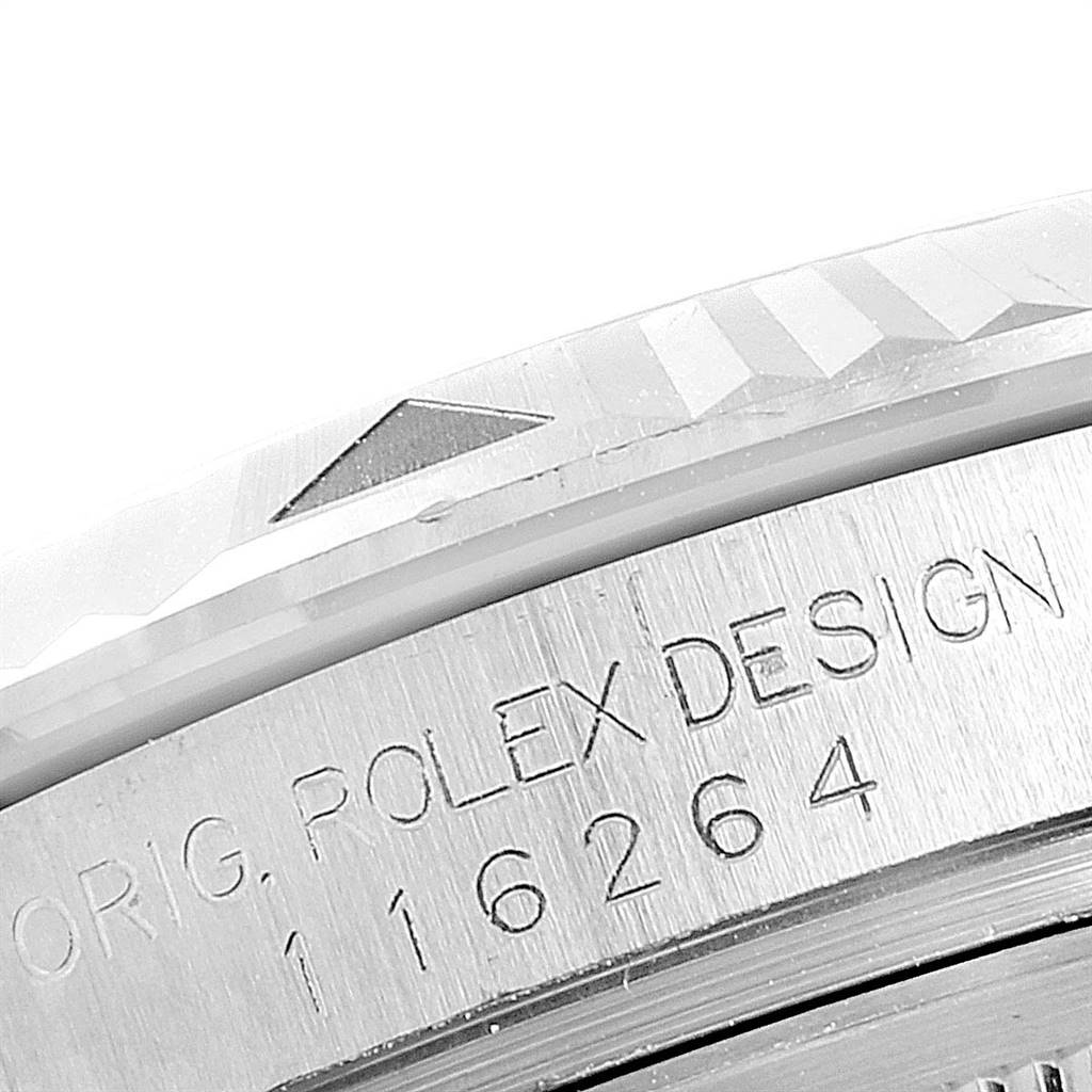 The image shows a close-up angle of the bezel and the case side of a Rolex Turn-o-Graph 116264 Men
s Stainless Steel Black Dial 116264 Men
s Stainless Steel Black Dial watch, focusing on the engraved details.