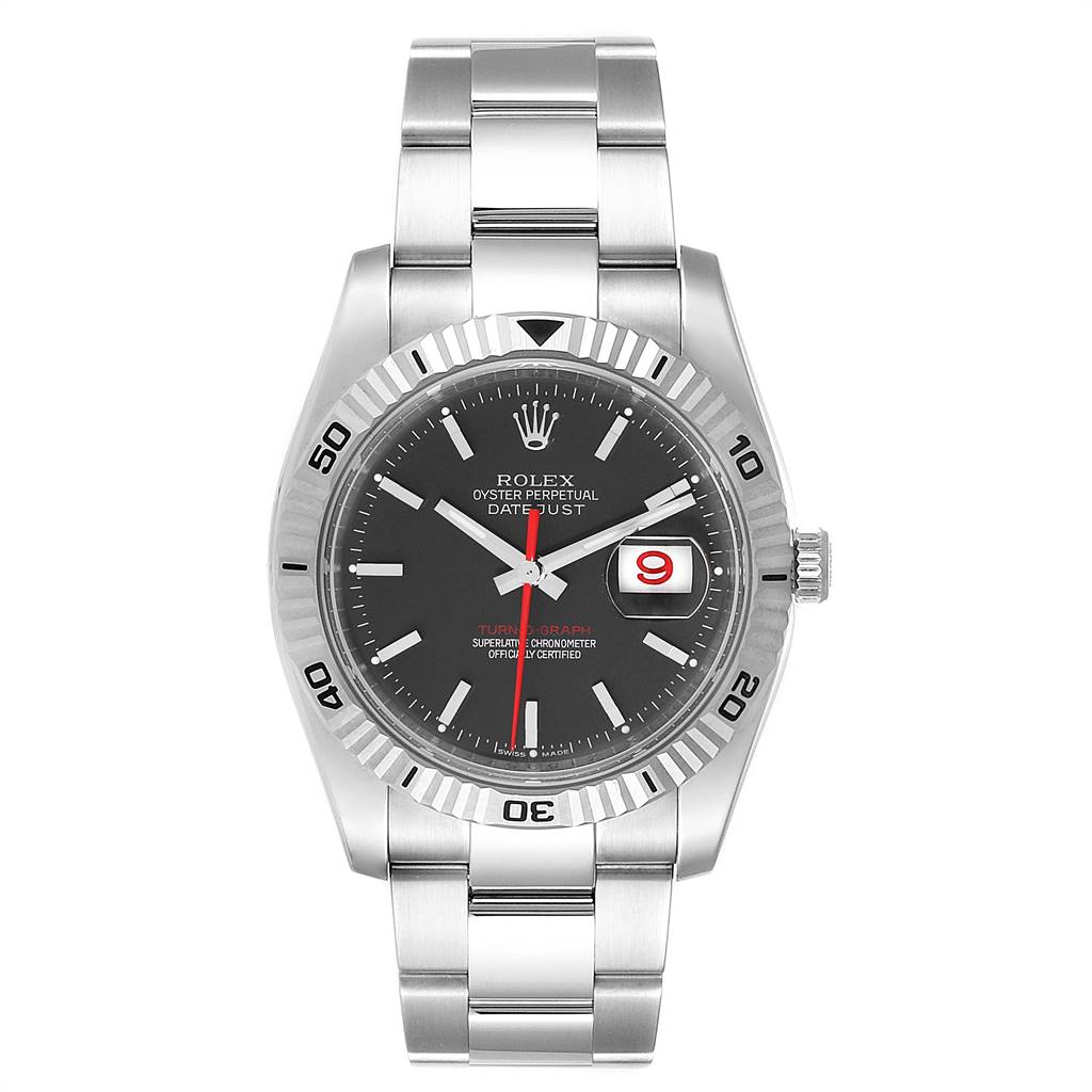 This Rolex Turn-o-Graph 116264 Men
s Stainless Steel Black Dial 116264 Men
s Stainless Steel Black Dial model is shown from the front, displaying the face, bezel, hands, bracelet, and crown.