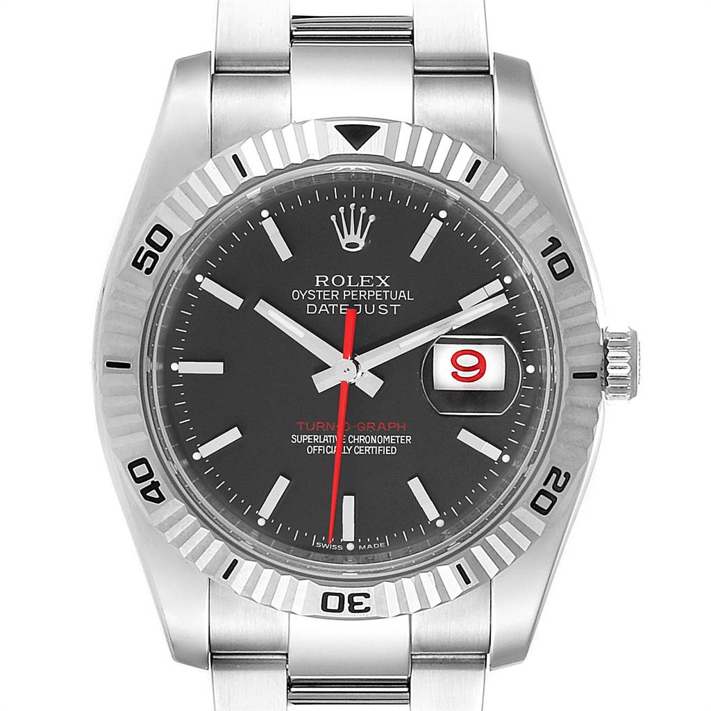 This image shows a front view of a Rolex Turn-o-Graph 116264 Men
s Stainless Steel Black Dial 116264 Men
s Stainless Steel Black Dial watch, displaying the dial, bezel, and bracelet.