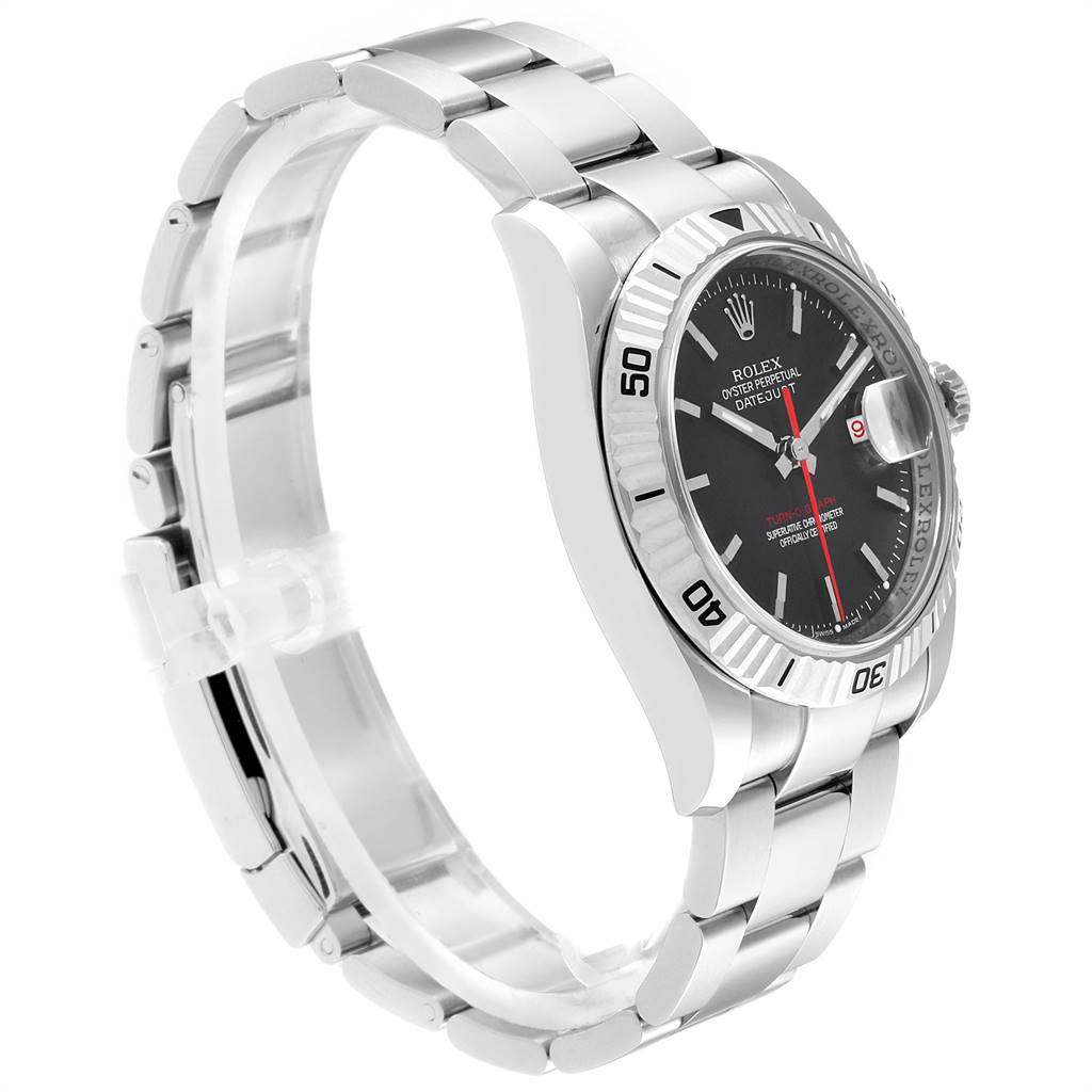 The Rolex Turn-o-Graph 116264 Men
s Stainless Steel Black Dial 116264 Men
s Stainless Steel Black Dial watch is shown from a left-side angle, highlighting the bracelet, bezel, crown, and dial.