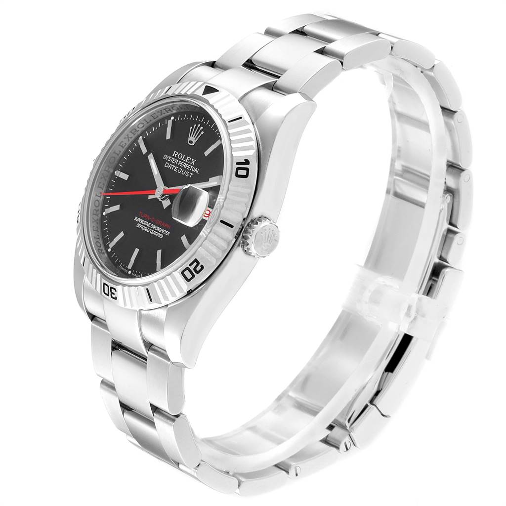 This image displays a Rolex Turn-o-Graph 116264 Men
s Stainless Steel Black Dial 116264 Men
s Stainless Steel Black Dial watch from a side angle, showing the bezel, dial, crown, and bracelet.