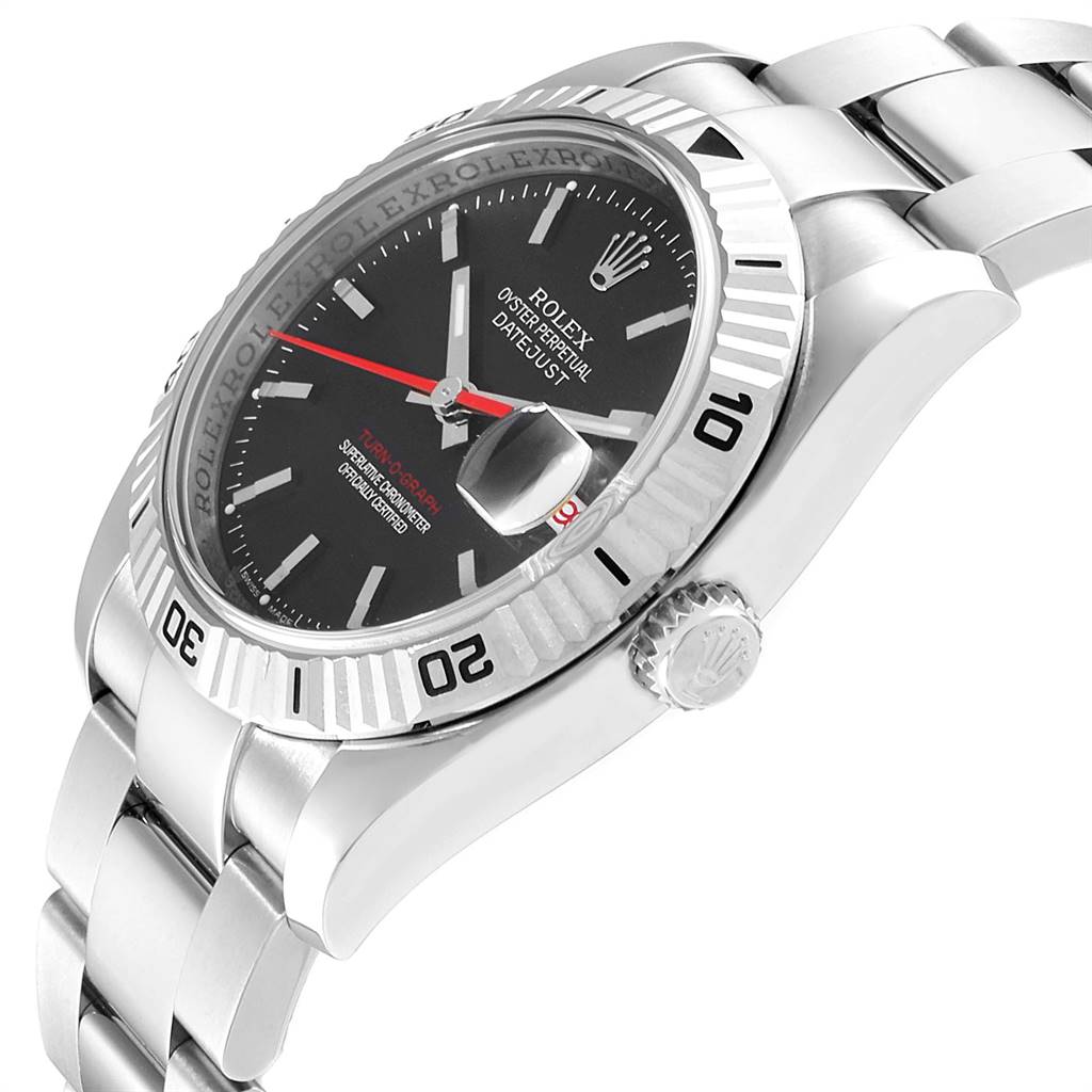This image shows a side angle of the Rolex Turn-o-Graph 116264 Men
s Stainless Steel Black Dial 116264 Men
s Stainless Steel Black Dial watch, highlighting the bezel, crown, bracelet, and dial with a date magnifier.