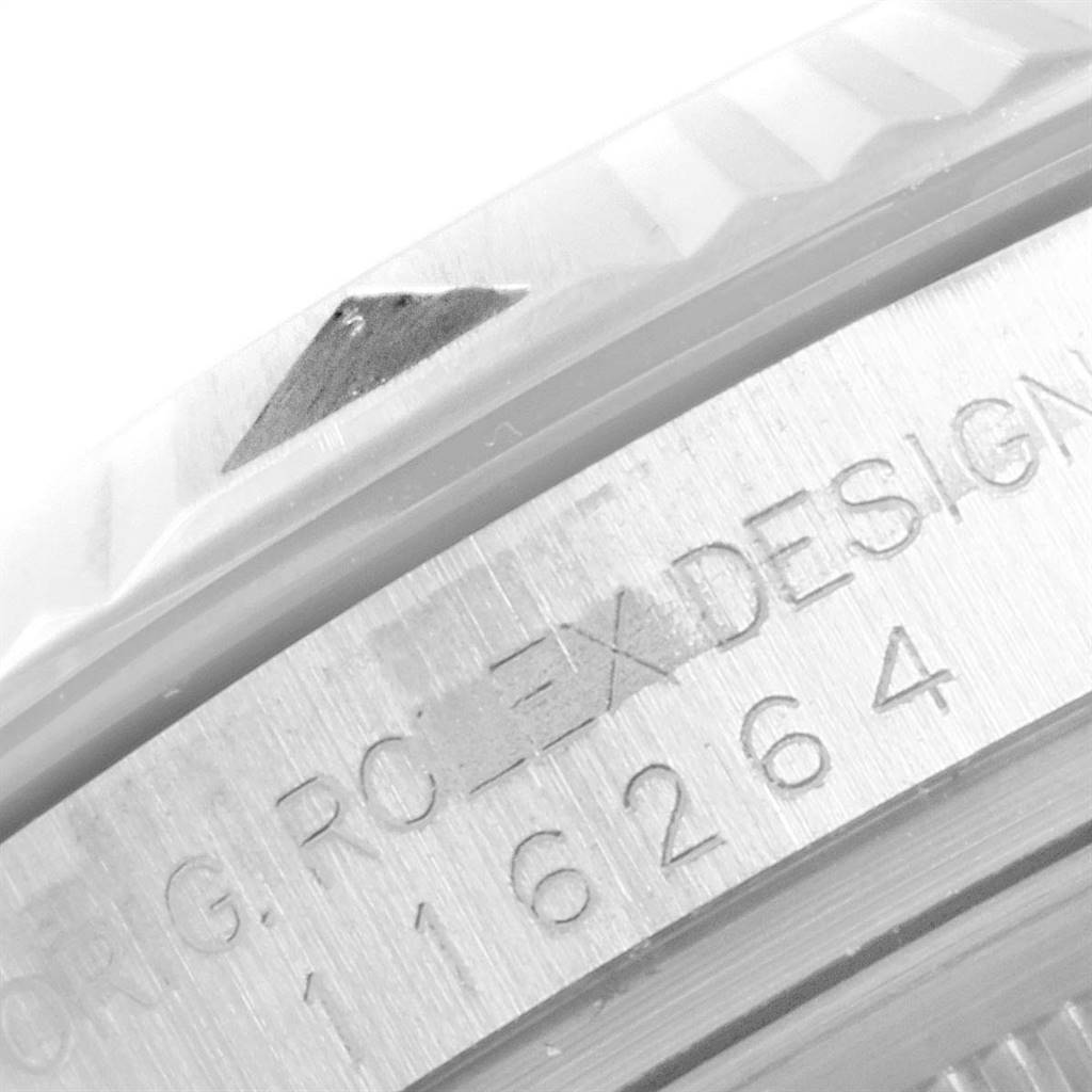 Close-up of the bezel and engraved reference number on a Rolex Turn-o-Graph 116264 Men
s Stainless Steel Black Dial 116264 Men
s Stainless Steel Black Dial watch.