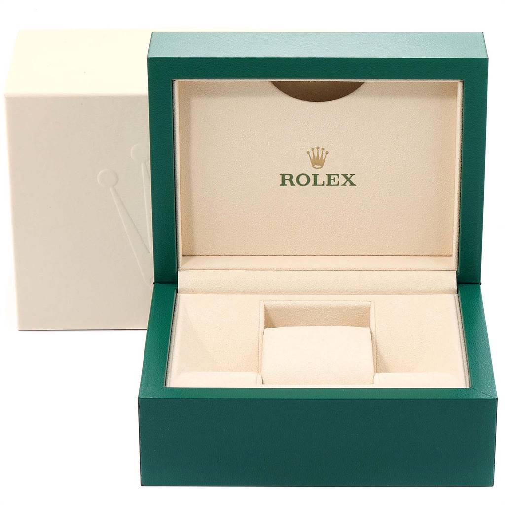 The image shows an open green and beige Rolex watch box for the Turn-o-Graph model, displaying its interior.