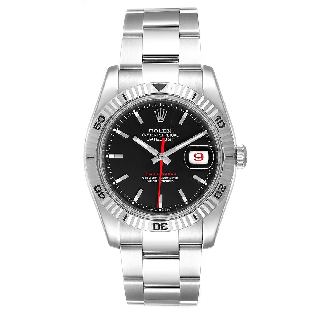 This image shows a front view of a Rolex Turn-o-Graph 116264 Men
s Stainless Steel Black Dial 116264 Men
s Stainless Steel Black Dial with a black dial and stainless steel bracelet.