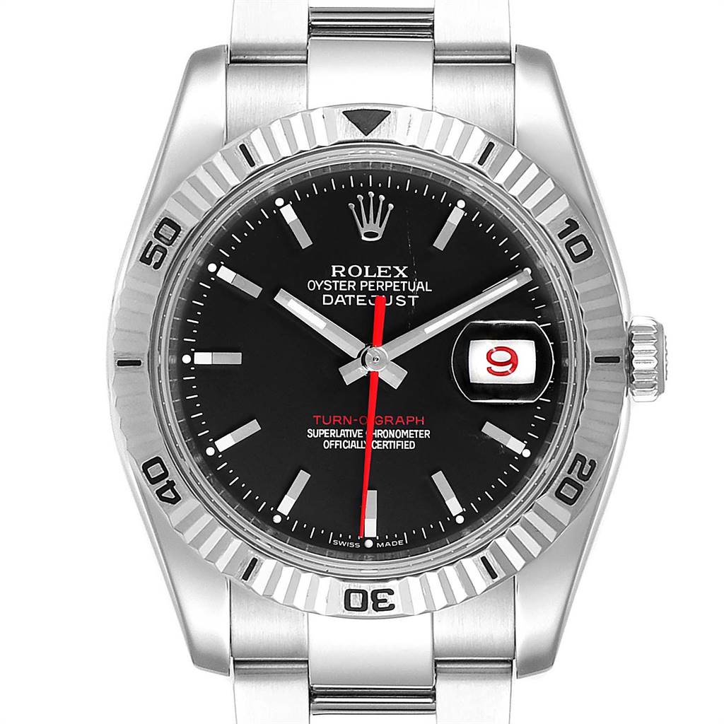 The image shows a front view of the Rolex Turn-o-Graph 116264 Men
s Stainless Steel Black Dial 116264 Men
s Stainless Steel Black Dial watch, displaying its dial, bezel, and bracelet.