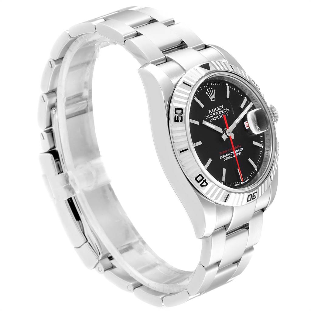 The image shows the side and face of a Rolex Turn-o-Graph 116264 Men
s Stainless Steel Black Dial 116264 Men
s Stainless Steel Black Dial watch with a silver band and black dial.