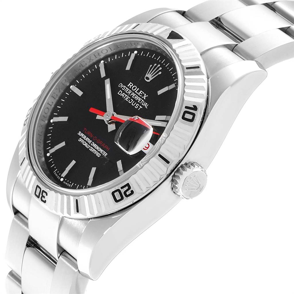 The Rolex Turn-o-Graph 116264 Men
s Stainless Steel Black Dial 116264 Men
s Stainless Steel Black Dial watch is shown from a three-quarter angle, displaying the dial, bezel, crown, and a portion of the bracelet.