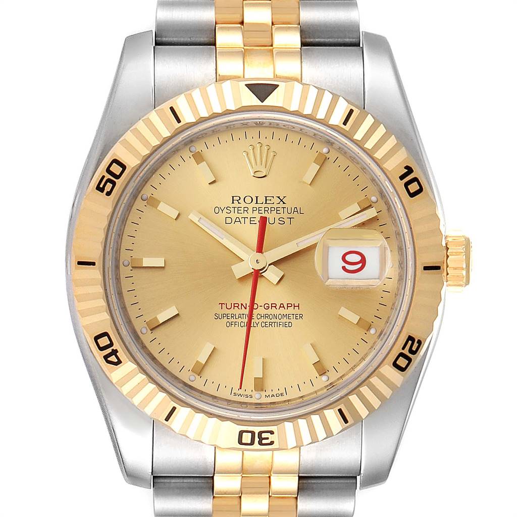 The image shows a front view of the Rolex Turn-o-Graph 116263 Men's Stainless Steel Champagne Dial 116263 Men's Stainless Steel Champagne Dial watch, displaying its dial, hands, bezel, and part of the bracelet.