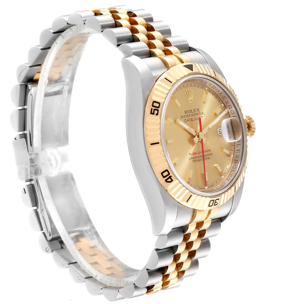 The Rolex Turn-o-Graph 116263 Men's Stainless Steel Champagne Dial 116263 Men's Stainless Steel Champagne Dial watch is shown from a left-side angle, displaying the face, bezel, and bracelet.