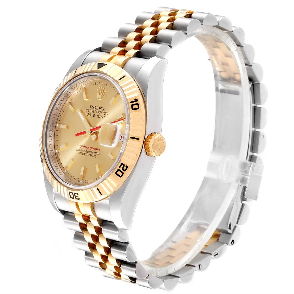 This image shows a Rolex Turn-o-Graph 116263 Men's Stainless Steel Champagne Dial 116263 Men's Stainless Steel Champagne Dial watch at a slight angle, highlighting its face, bezel, crown, and two-tone bracelet.