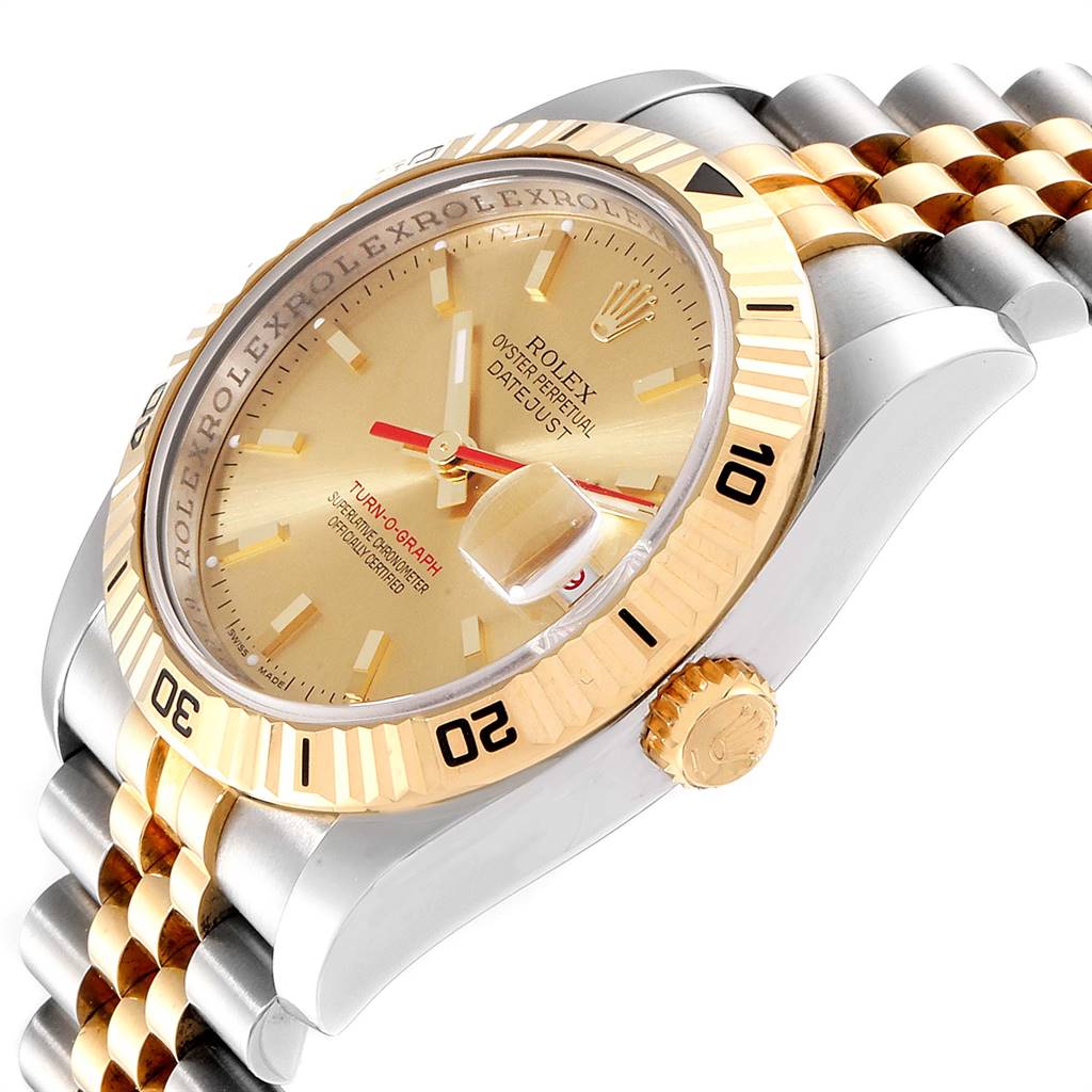 The image shows a side angle view of the Rolex Turn-o-Graph 116263 Men's Stainless Steel Champagne Dial 116263 Men's Stainless Steel Champagne Dial watch, highlighting the bezel, dial, crown, and part of the bracelet.