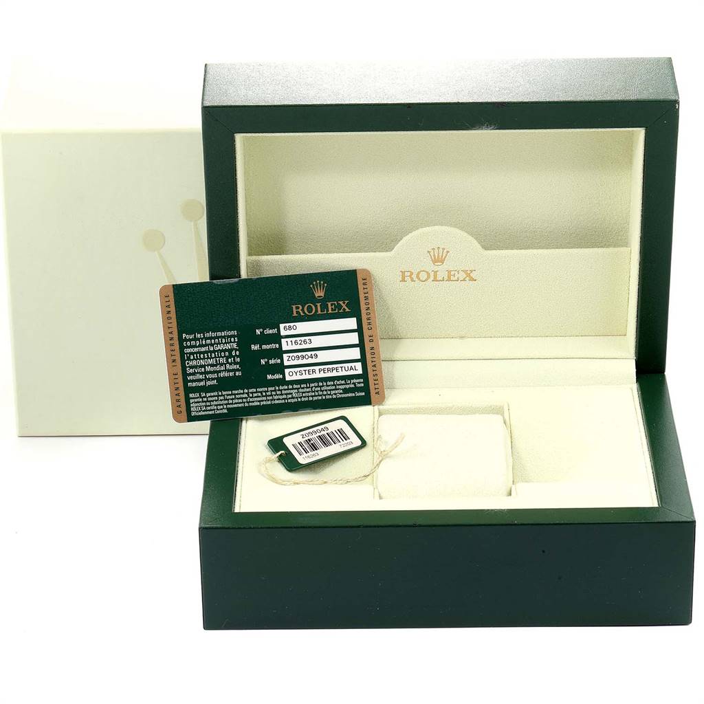 The image shows an open box for a Rolex Turn-o-Graph 116263 Men's Stainless Steel Champagne Dial 116263 Men's Stainless Steel Champagne Dial watch, along with its tags and documentation.
