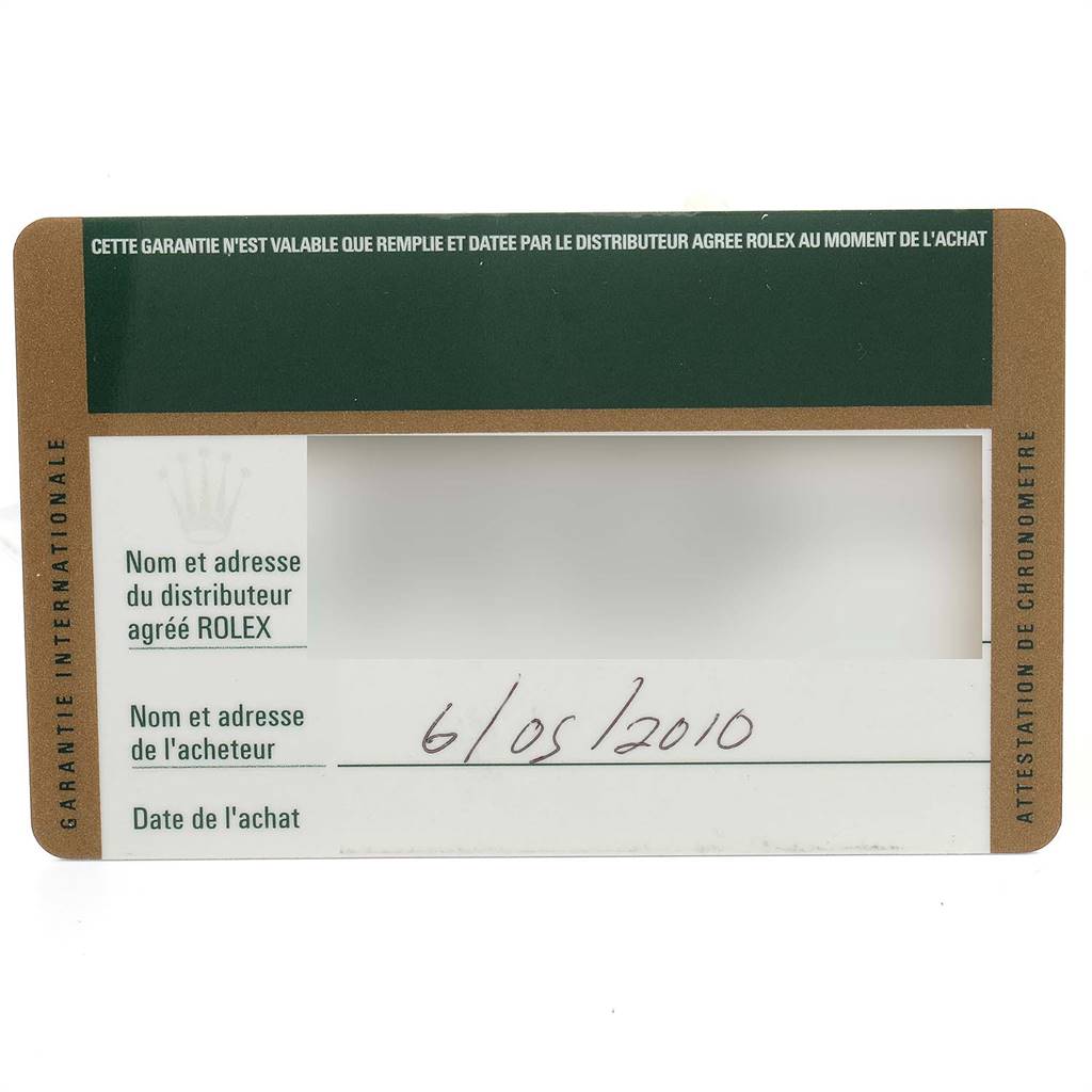 This image shows the warranty card for a Rolex Turn-o-Graph 116263 Men's Stainless Steel Champagne Dial 116263 Men's Stainless Steel Champagne Dial watch, providing purchase and distributor details.