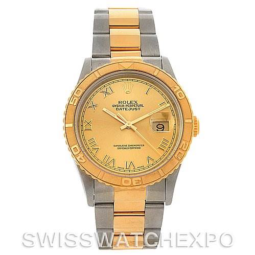 This image shows a Rolex Turn-o-Graph 16233 Men's Steel and Gold (two tone) Champagne Dial 16233 Men's Steel and Gold (two tone) Champagne Dial watch from a front angle, highlighting its face, bezel, and bracelet.