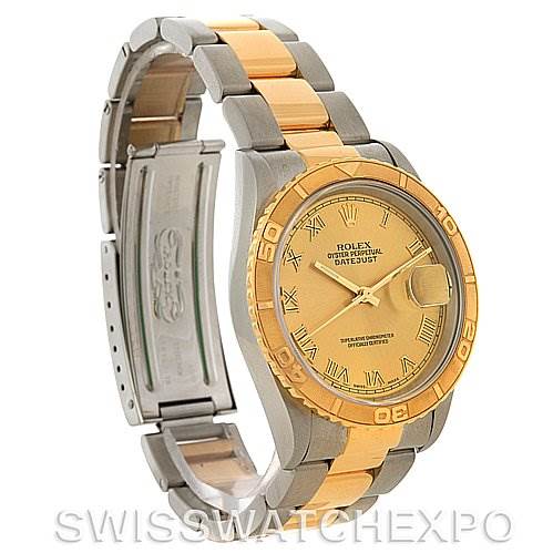 The image shows a side angle of a Rolex Turn-o-Graph 16233 Men's Steel and Gold (two tone) Champagne Dial 16233 Men's Steel and Gold (two tone) Champagne Dial watch, highlighting its two-tone bracelet, bezel, and dial.
