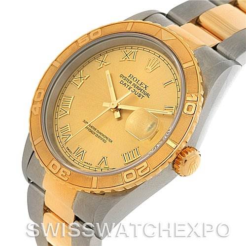 The image shows a close-up of the face, bezel, and upper bracelet of the Rolex Turn-o-Graph 16233 Men's Steel and Gold (two tone) Champagne Dial 16233 Men's Steel and Gold (two tone) Champagne Dial watch.