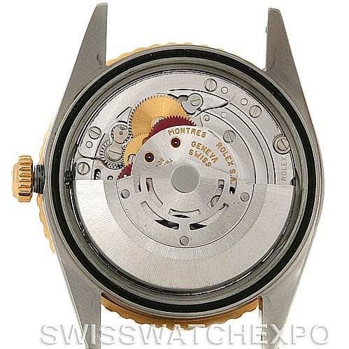 The image shows the back of a Rolex Turn-o-Graph 16233 Men's Steel and Gold (two tone) Champagne Dial 16233 Men's Steel and Gold (two tone) Champagne Dial watch, displaying its inner mechanical movement.