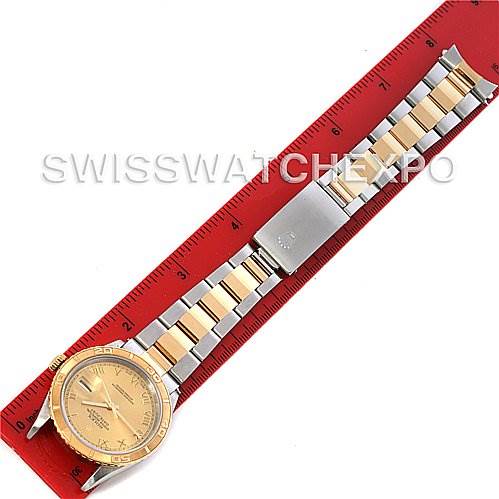 This is a top-down view of a Rolex Turn-o-Graph 16233 Men's Steel and Gold (two tone) Champagne Dial 16233 Men's Steel and Gold (two tone) Champagne Dial watch, showing the face, bezel, and fully extended two-tone bracelet.