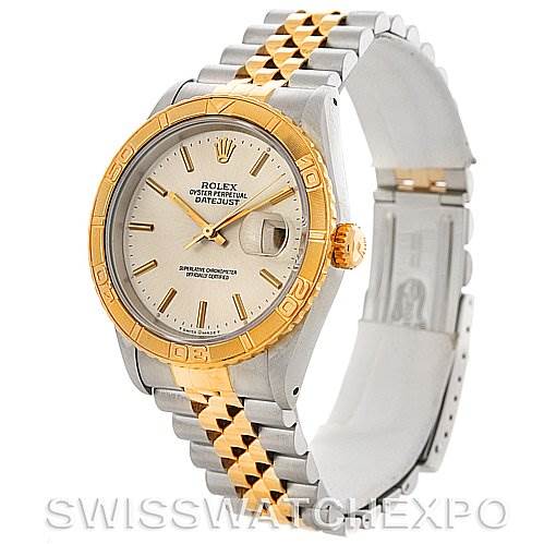 The image shows a Rolex Turn-o-Graph 16263 Men's Steel and Gold (two tone) Silver Dial 16263 Men's Steel and Gold (two tone) Silver Dial watch at a 3 o'clock angle, highlighting its two-tone bezel, dial, and jubilee bracelet.