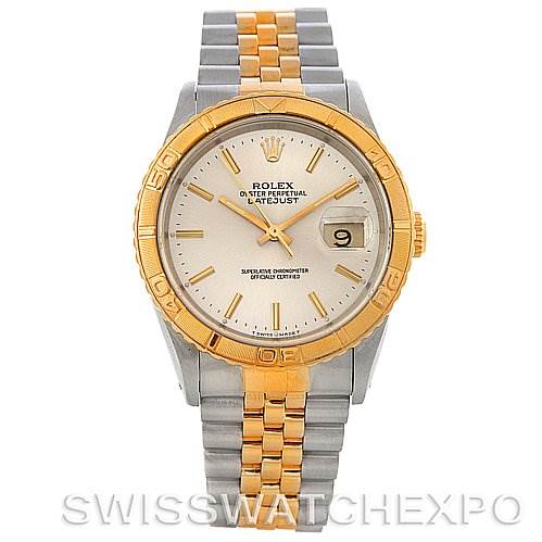 The image shows a front view of a Rolex Turn-o-Graph 16263 Men's Steel and Gold (two tone) Silver Dial 16263 Men's Steel and Gold (two tone) Silver Dial watch with a two-tone band and a gold bezel.