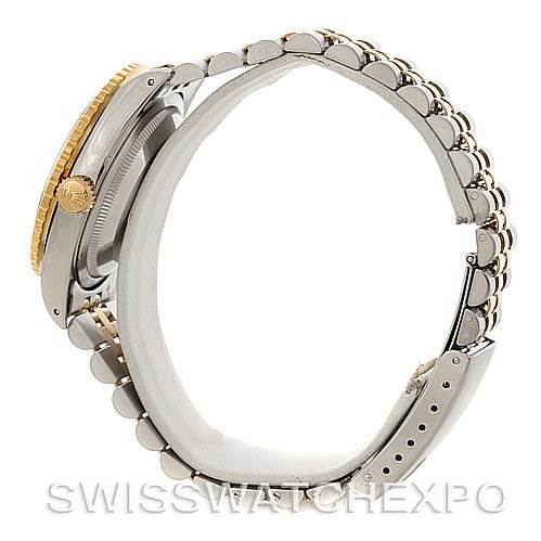 Side view of a Rolex Turn-o-Graph 16263 Men's Steel and Gold (two tone) Silver Dial 16263 Men's Steel and Gold (two tone) Silver Dial watch showing the bezel, side of the case, crown, and bracelet.