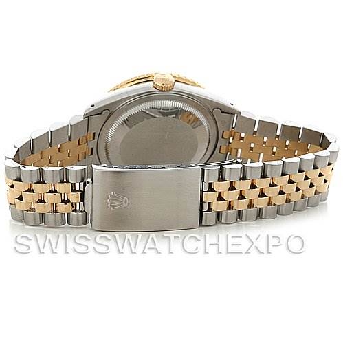 The image shows the back and clasp of a Rolex Turn-o-Graph 16263 Men's Steel and Gold (two tone) Silver Dial 16263 Men's Steel and Gold (two tone) Silver Dial watch, highlighting its two-tone bracelet and case back.