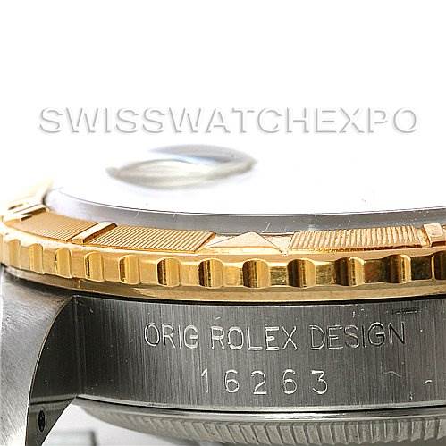 The image shows a close-up of the Rolex Turn-o-Graph 16263 Men's Steel and Gold (two tone) Silver Dial 16263 Men's Steel and Gold (two tone) Silver Dial watch focusing on its bezel and case side engraved with "Orig Rolex Design 16263."