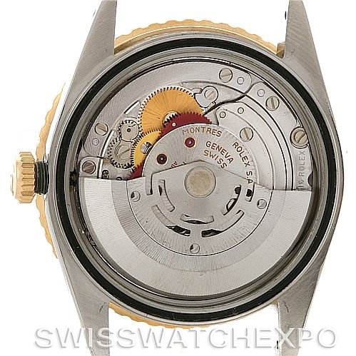 This image shows the internal mechanics and movement of a Rolex Turn-o-Graph 16263 Men's Steel and Gold (two tone) Silver Dial 16263 Men's Steel and Gold (two tone) Silver Dial watch from a back case angle.