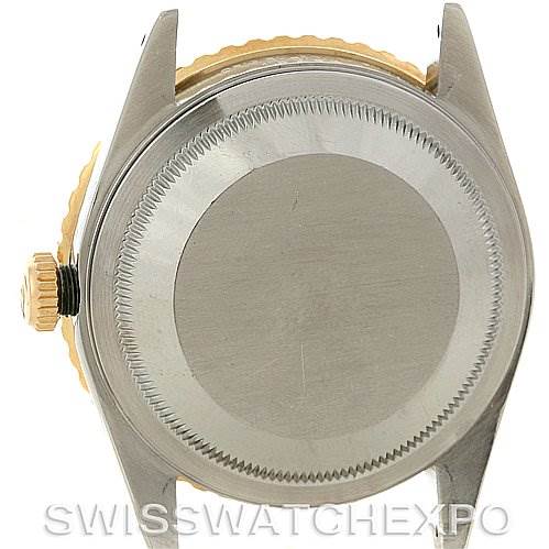 The image shows the back case and crown of a Rolex Turn-o-Graph 16263 Men's Steel and Gold (two tone) Silver Dial 16263 Men's Steel and Gold (two tone) Silver Dial watch from a top-down angle.
