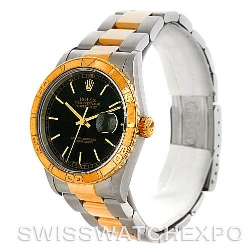 This image shows a Rolex Turn-o-Graph 16263 Men's Steel and Gold (two tone) Black Dial 16263 Men's Steel and Gold (two tone) Black Dial watch at a three-quarter angle, highlighting its gold bezel, black dial, and two-tone bracelet.