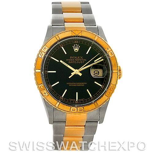 The Rolex Turn-o-Graph 16263 Men's Steel and Gold (two tone) Black Dial 16263 Men's Steel and Gold (two tone) Black Dial watch is shown from a front-facing angle, displaying its dial, bezel, bracelet, and case.