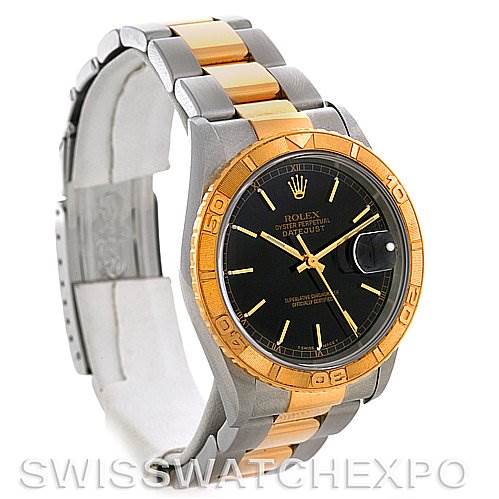 This image shows the Rolex Turn-o-Graph 16263 Men's Steel and Gold (two tone) Black Dial 16263 Men's Steel and Gold (two tone) Black Dial watch at a three-quarter angle, displaying its bracelet, dial, and bezel.